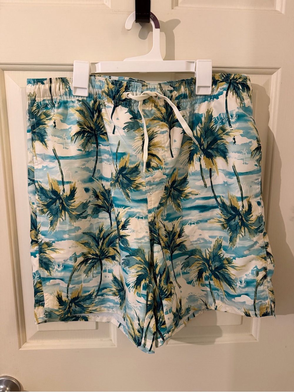 Old Navy Palm-Print Swim Trunks - Blue, White, Green